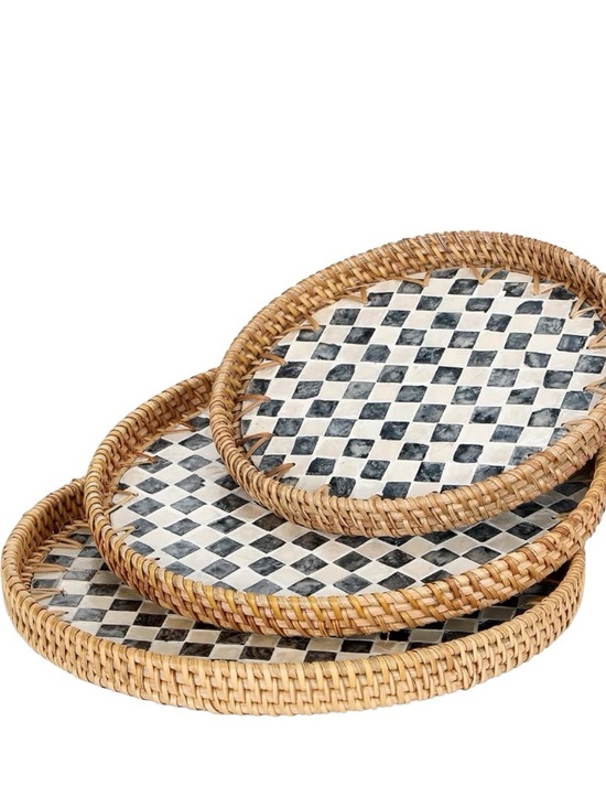 Other - NEW Woven Rattan Tray Set with Black & White Check Inlay